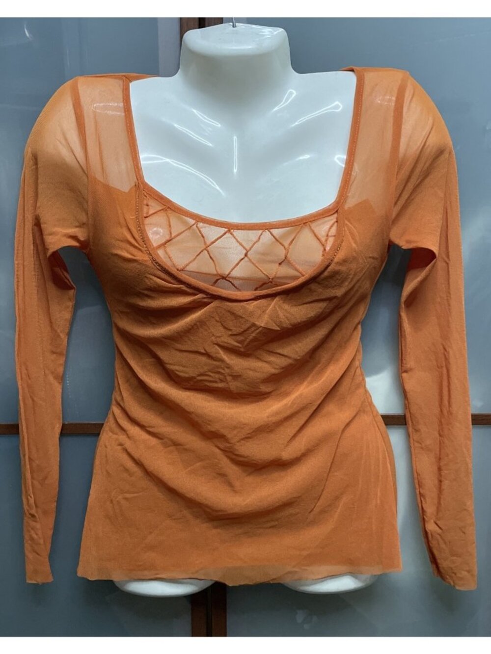 Vintage 90s Y2K 2000s Medium Orange Net Mesh Sheer Ruched Long Sleeve Top Italy